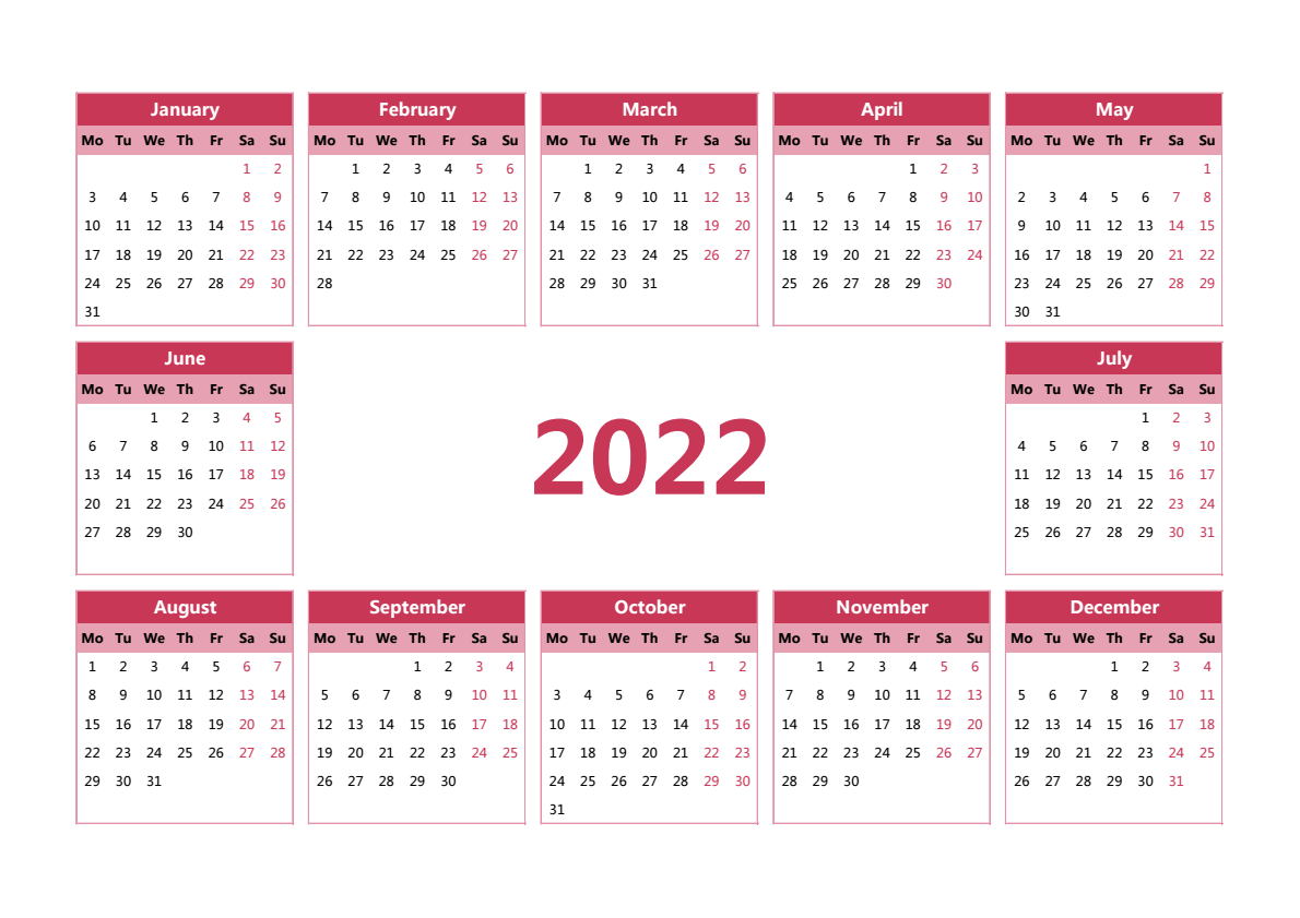 2022年日历 A3横向 英文版 无农历 无周数 周一开始